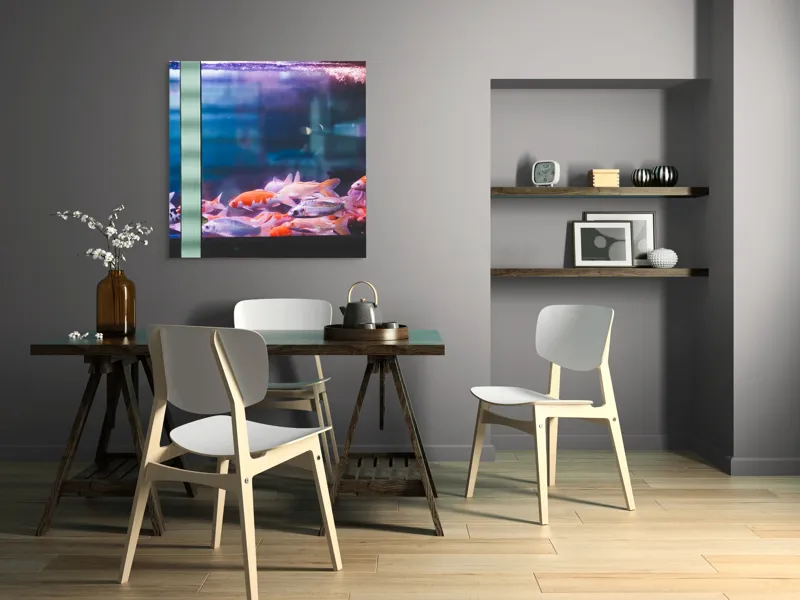 Tablou Canvas, "Dansul peștilor în acvariu colorat", Pestisori, Acvariu, Apa, Lumini, Colorat, Albastru, Portocaliu, Animale, Reflexii, Claritate, 100 x 100 cm – poza 6