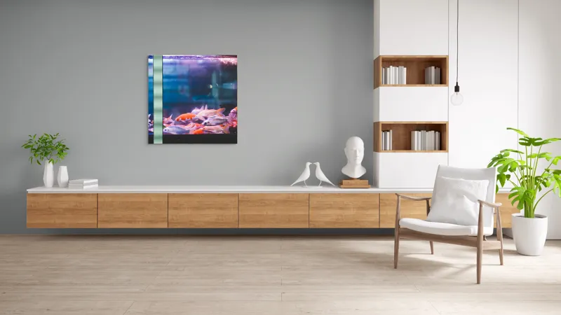 Tablou Canvas, "Dansul peștilor în acvariu colorat", Pestisori, Acvariu, Apa, Lumini, Colorat, Albastru, Portocaliu, Animale, Reflexii, Claritate, 100 x 100 cm – poza 8