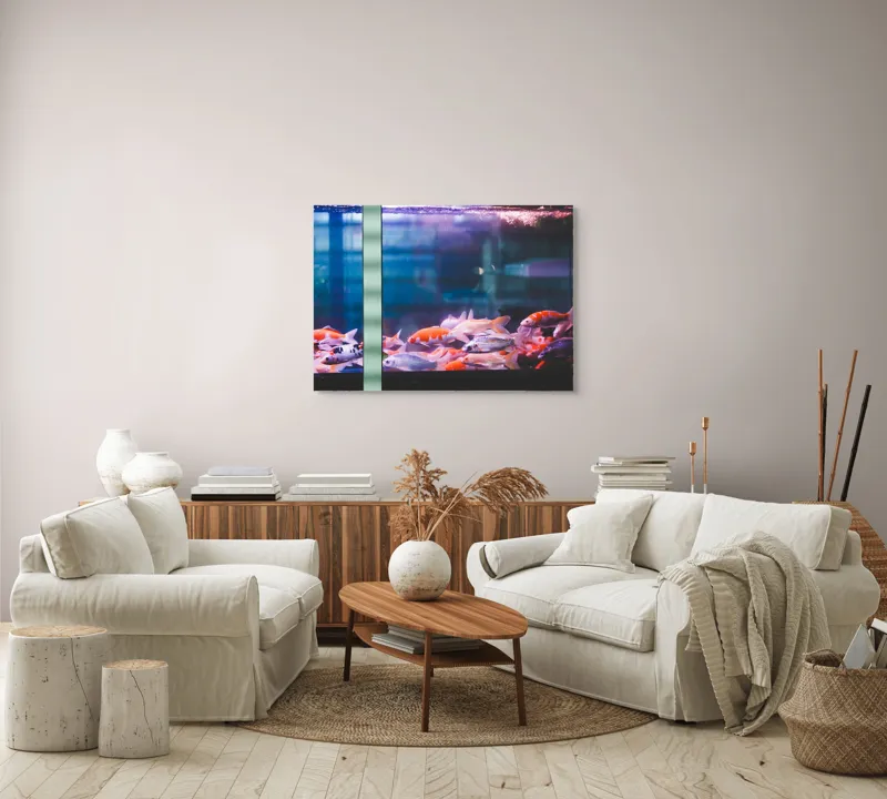 Tablou Canvas, "Dansul peștilor în acvariu colorat", Pestisori, Acvariu, Apa, Lumini, Colorat, Albastru, Portocaliu, Animale, Reflexii, Claritate, 100 x 70 cm – poza 3