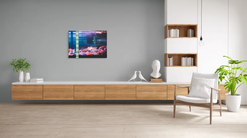 Tablou Canvas, "Dansul peștilor în acvariu colorat", Pestisori, Acvariu, Apa, Lumini, Colorat, Albastru, Portocaliu, Animale, Reflexii, Claritate, 100 x 70 cm – poza 6