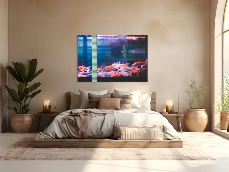 Tablou Canvas, "Dansul peștilor în acvariu colorat", Pestisori, Acvariu, Apa, Lumini, Colorat, Albastru, Portocaliu, Animale, Reflexii, Claritate, 150 x 100 cm – poza 4