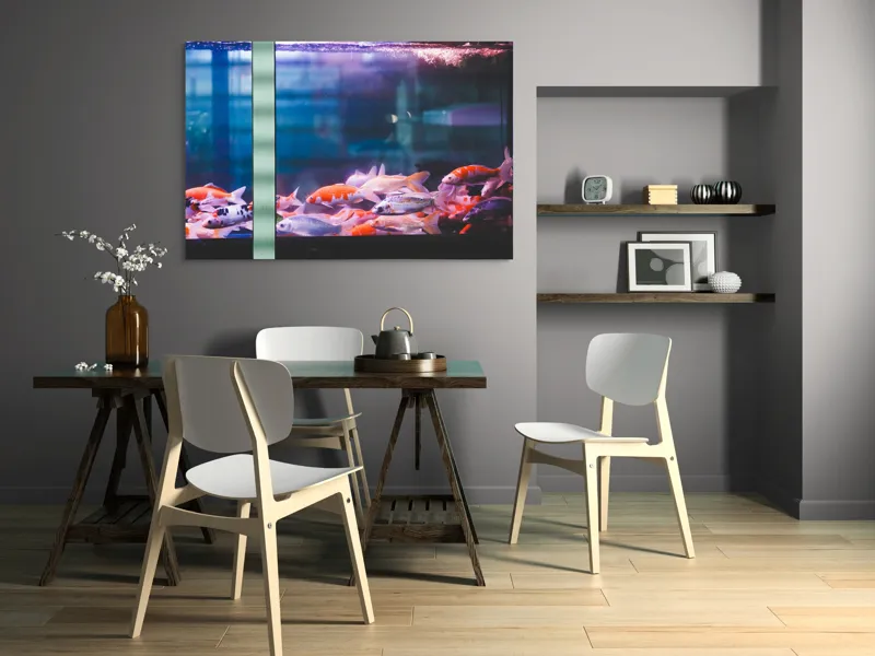 Tablou Canvas, "Dansul peștilor în acvariu colorat", Pestisori, Acvariu, Apa, Lumini, Colorat, Albastru, Portocaliu, Animale, Reflexii, Claritate, 150 x 100 cm – poza 5