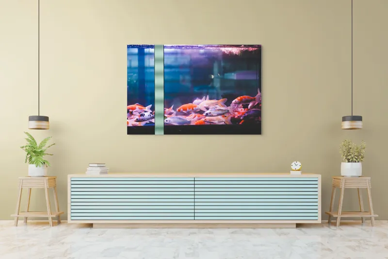 Tablou Canvas, "Dansul peștilor în acvariu colorat", Pestisori, Acvariu, Apa, Lumini, Colorat, Albastru, Portocaliu, Animale, Reflexii, Claritate, 150 x 100 cm – poza 6