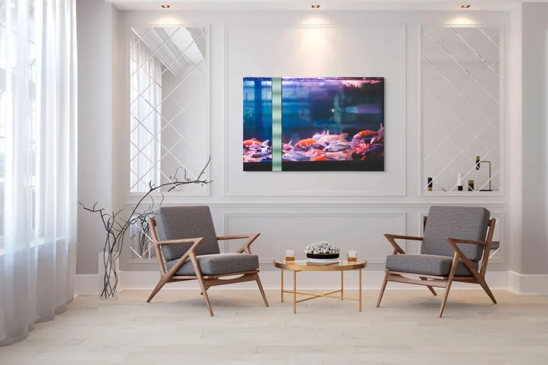 Tablou Canvas, "Dansul peștilor în acvariu colorat", Pestisori, Acvariu, Apa, Lumini, Colorat, Albastru, Portocaliu, Animale, Reflexii, Claritate, 150 x 100 cm – poza 7