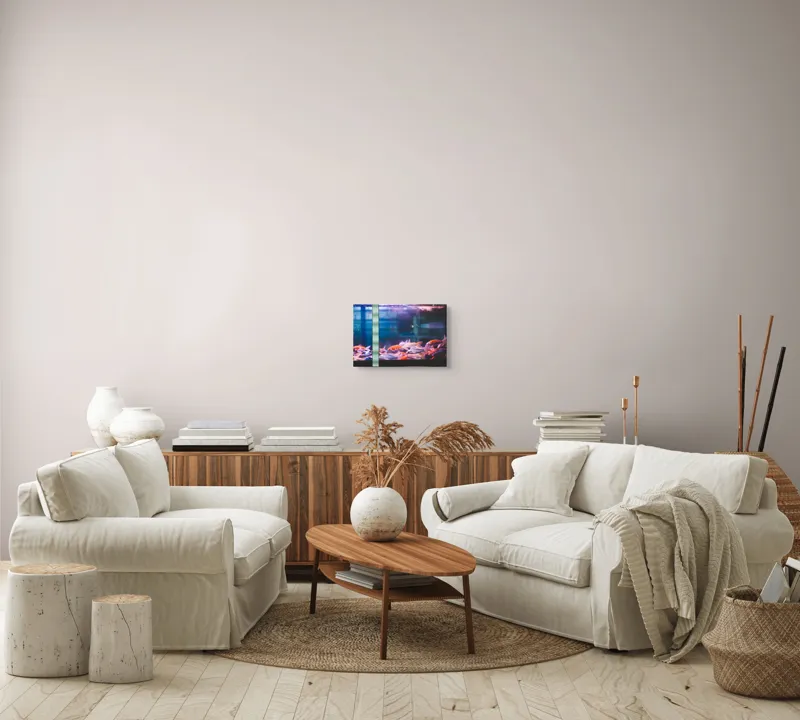 Tablou Canvas, "Dansul peștilor în acvariu colorat", Pestisori, Acvariu, Apa, Lumini, Colorat, Albastru, Portocaliu, Animale, Reflexii, Claritate, 39 x 26 cm – poza 7