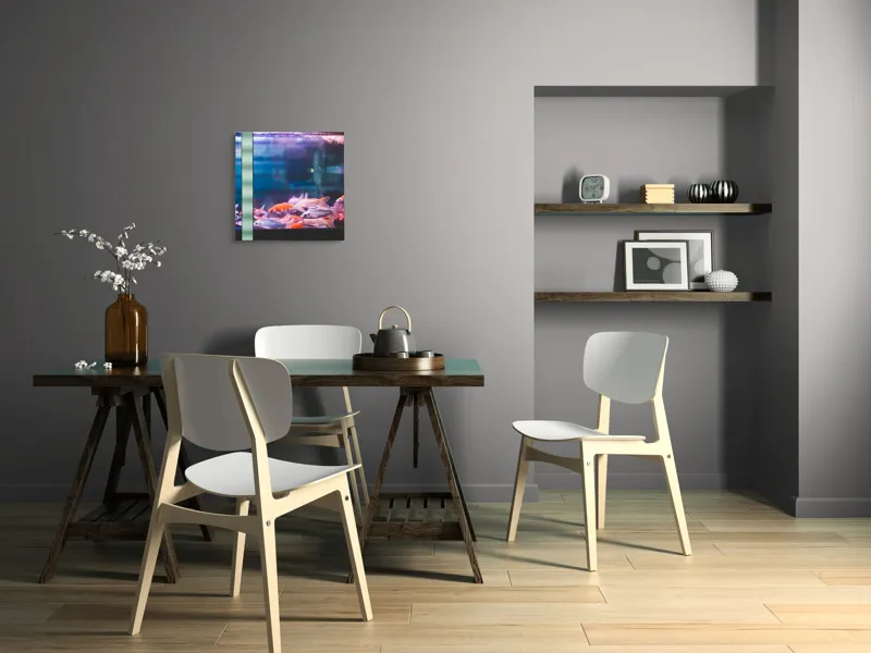 Tablou Canvas, "Dansul peștilor în acvariu colorat", Pestisori, Acvariu, Apa, Lumini, Colorat, Albastru, Portocaliu, Animale, Reflexii, Claritate, 50 x 50 cm – poza 8