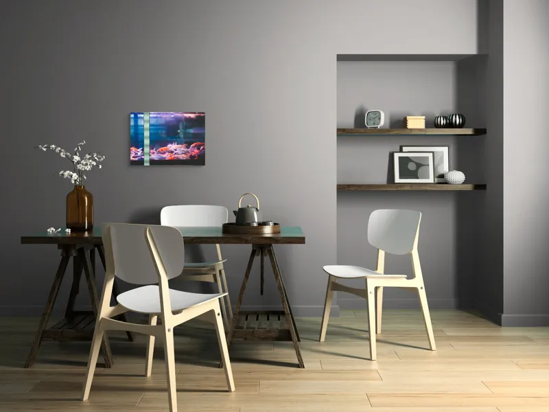 Tablou Canvas, "Dansul peștilor în acvariu colorat", Pestisori, Acvariu, Apa, Lumini, Colorat, Albastru, Portocaliu, Animale, Reflexii, Claritate, 54 x 39 cm – poza 6