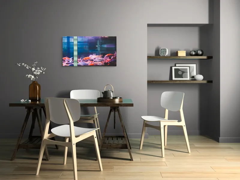 Tablou Canvas, "Dansul peștilor în acvariu colorat", Pestisori, Acvariu, Apa, Lumini, Colorat, Albastru, Portocaliu, Animale, Reflexii, Claritate, 90 x 50 cm – poza 3