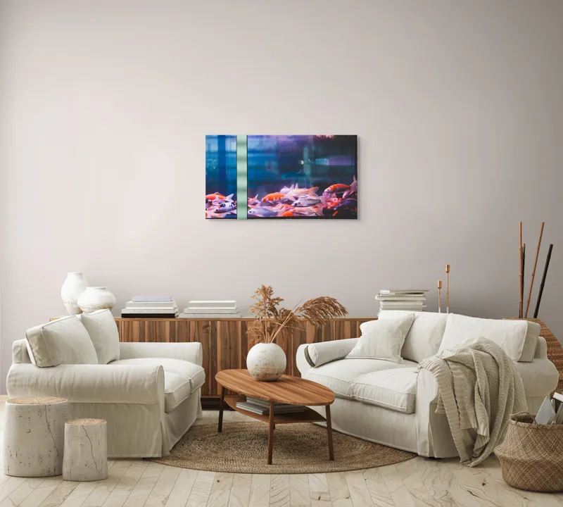 Tablou Canvas, "Dansul peștilor în acvariu colorat", Pestisori, Acvariu, Apa, Lumini, Colorat, Albastru, Portocaliu, Animale, Reflexii, Claritate, 90 x 50 cm – poza 4