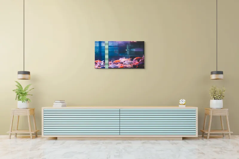 Tablou Canvas, "Dansul peștilor în acvariu colorat", Pestisori, Acvariu, Apa, Lumini, Colorat, Albastru, Portocaliu, Animale, Reflexii, Claritate, 90 x 50 cm – poza 5