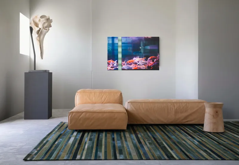 Tablou Canvas, "Dansul peștilor în acvariu colorat", Pestisori, Acvariu, Apa, Lumini, Colorat, Albastru, Portocaliu, Animale, Reflexii, Claritate, 90 x 50 cm – poza 8