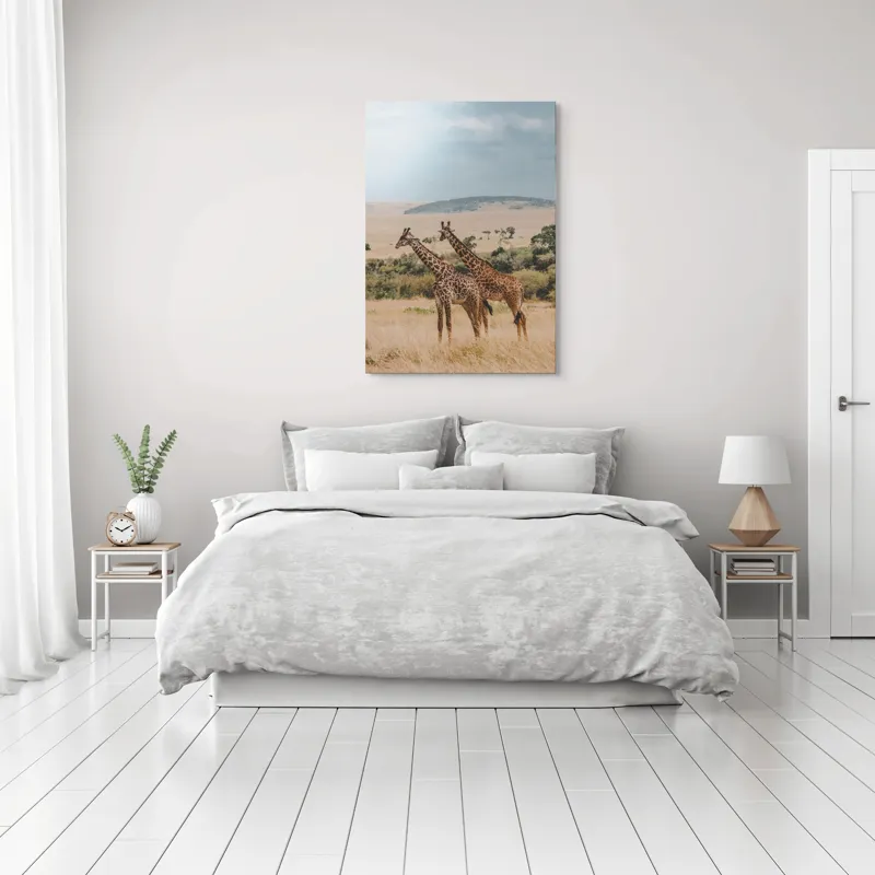 Tablou Canvas, "Grațioasele girafe în savană africană", Giraffe, Savannah, Majestic, Tall, Horizon, Wilderness, Nature, Graceful, 70 x 100 cm – poza 3