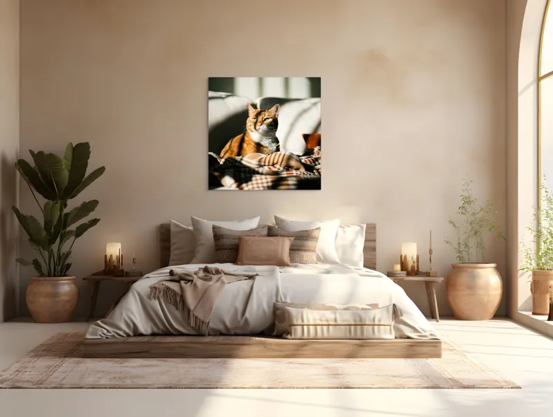 Tablou Canvas, "Pisica torcând la soare pe canapea", Pisică, Drăgălașă, Șezând, Canapea, Lumini, Umbre, Blană, Privire, Plăpumioară, 100 x 100 cm – poza 4