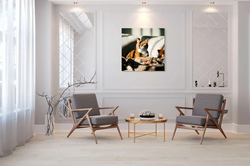 Tablou Canvas, "Pisica torcând la soare pe canapea", Pisică, Drăgălașă, Șezând, Canapea, Lumini, Umbre, Blană, Privire, Plăpumioară, 100 x 100 cm – poza 7