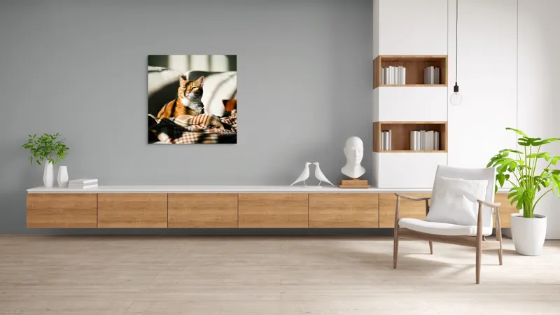 Tablou Canvas, "Pisica torcând la soare pe canapea", Pisică, Drăgălașă, Șezând, Canapea, Lumini, Umbre, Blană, Privire, Plăpumioară, 100 x 100 cm – poza 8