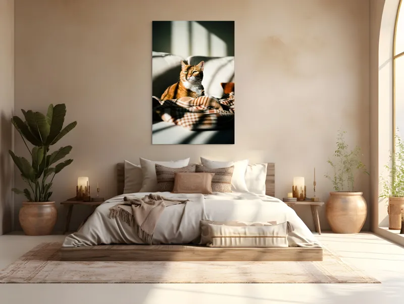 Tablou Canvas, "Pisica torcând la soare pe canapea", Pisică, Drăgălașă, Șezând, Canapea, Lumini, Umbre, Blană, Privire, Plăpumioară, 100 x 150 cm – poza 3