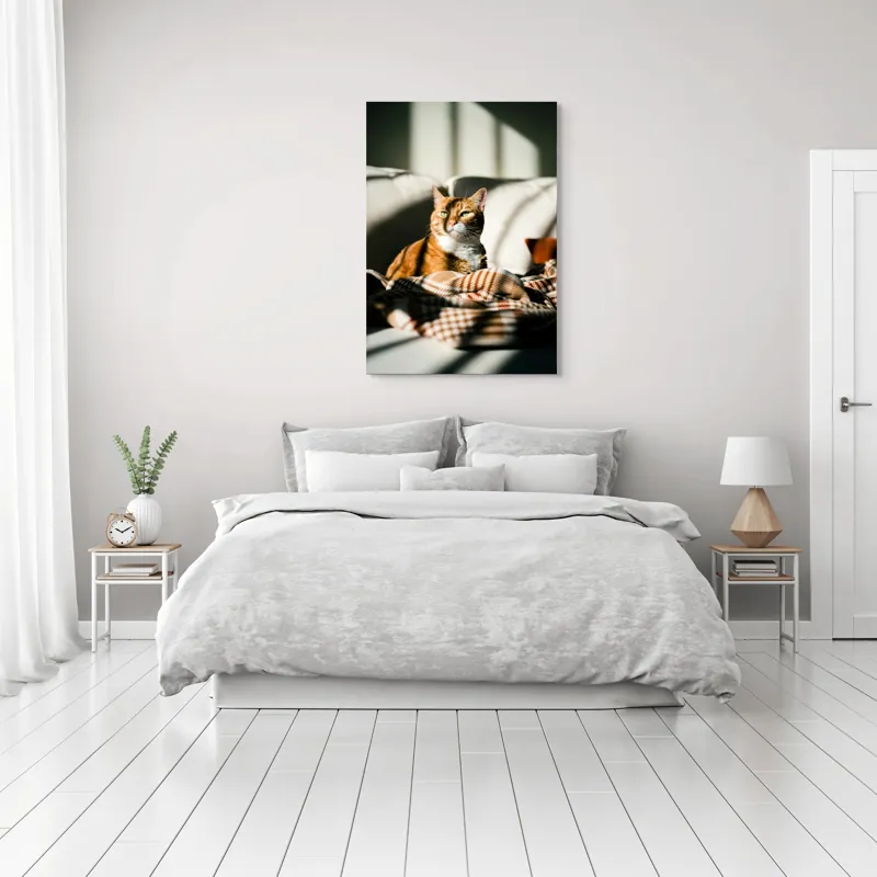 Tablou Canvas, "Pisica torcând la soare pe canapea", Pisică, Drăgălașă, Șezând, Canapea, Lumini, Umbre, Blană, Privire, Plăpumioară, 70 x 100 cm – poza 3