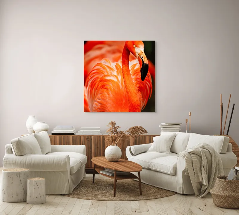 Tablou Canvas, "Grandoarea flamingoului în culori vii", Pene, Portocaliu, Flamingo, Vibrant, Elegant, Grațios, Contrast, Fauna, Natură, Frumusețe, 100 x 100 cm – poza 3