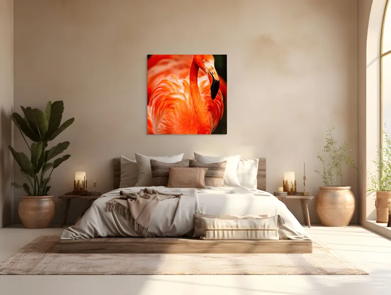 Tablou Canvas, "Grandoarea flamingoului în culori vii", Pene, Portocaliu, Flamingo, Vibrant, Elegant, Grațios, Contrast, Fauna, Natură, Frumusețe, 100 x 100 cm – poza 4