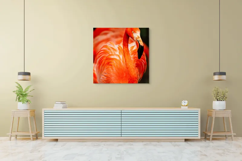 Tablou Canvas, "Grandoarea flamingoului în culori vii", Pene, Portocaliu, Flamingo, Vibrant, Elegant, Grațios, Contrast, Fauna, Natură, Frumusețe, 100 x 100 cm – poza 5