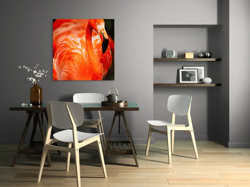 Tablou Canvas, "Grandoarea flamingoului în culori vii", Pene, Portocaliu, Flamingo, Vibrant, Elegant, Grațios, Contrast, Fauna, Natură, Frumusețe, 100 x 100 cm – poza 6