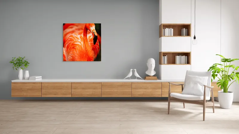 Tablou Canvas, "Grandoarea flamingoului în culori vii", Pene, Portocaliu, Flamingo, Vibrant, Elegant, Grațios, Contrast, Fauna, Natură, Frumusețe, 100 x 100 cm – poza 8