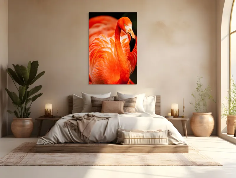 Tablou Canvas, "Grandoarea flamingoului în culori vii", Pene, Portocaliu, Flamingo, Vibrant, Elegant, Grațios, Contrast, Fauna, Natură, Frumusețe, 100 x 150 cm – poza 3