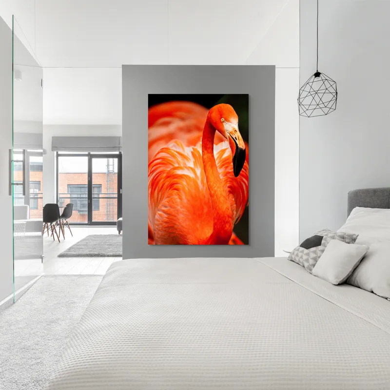 Tablou Canvas, "Grandoarea flamingoului în culori vii", Pene, Portocaliu, Flamingo, Vibrant, Elegant, Grațios, Contrast, Fauna, Natură, Frumusețe, 100 x 150 cm – poza 5