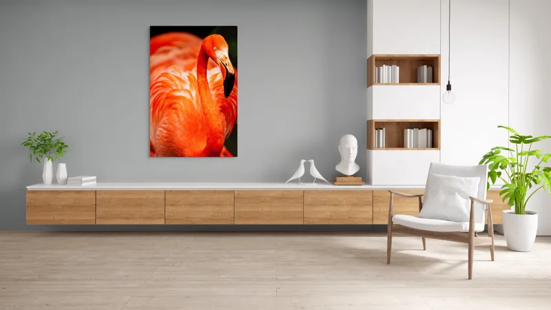 Tablou Canvas, "Grandoarea flamingoului în culori vii", Pene, Portocaliu, Flamingo, Vibrant, Elegant, Grațios, Contrast, Fauna, Natură, Frumusețe, 100 x 150 cm – poza 8