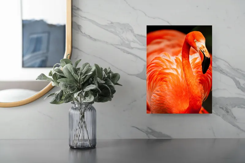 Tablou Canvas, "Grandoarea flamingoului în culori vii", Pene, Portocaliu, Flamingo, Vibrant, Elegant, Grațios, Contrast, Fauna, Natură, Frumusețe, 26 x 39 cm – poza 4
