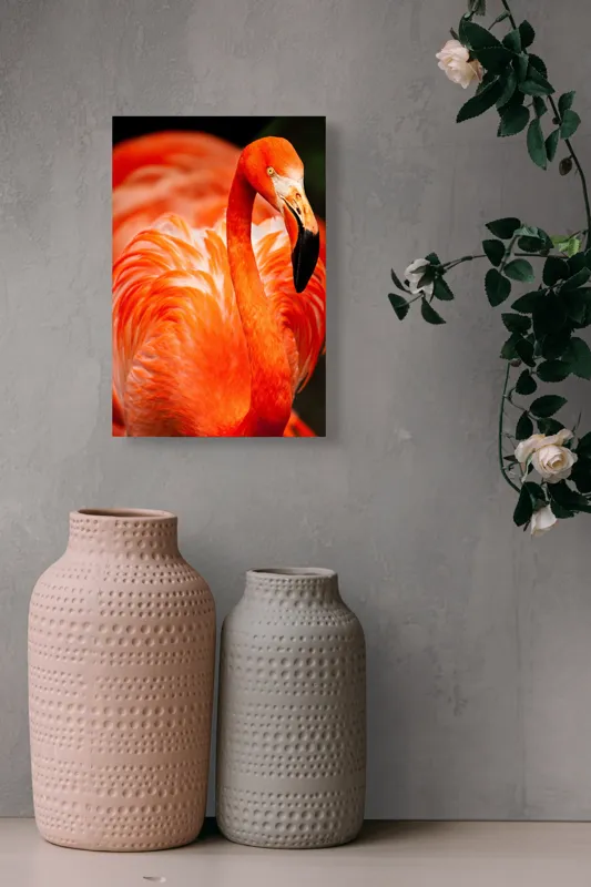 Tablou Canvas, "Grandoarea flamingoului în culori vii", Pene, Portocaliu, Flamingo, Vibrant, Elegant, Grațios, Contrast, Fauna, Natură, Frumusețe, 26 x 39 cm – poza 6