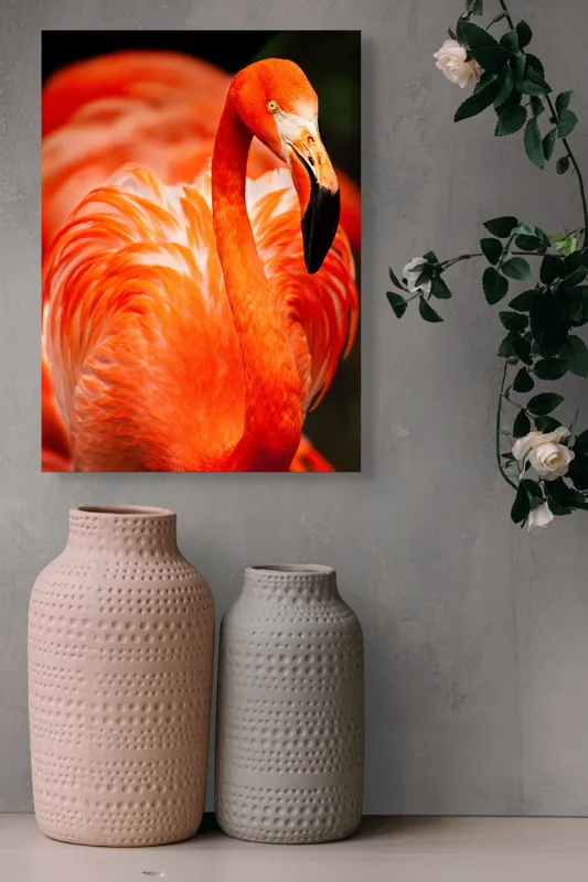 Tablou Canvas, "Grandoarea flamingoului în culori vii", Pene, Portocaliu, Flamingo, Vibrant, Elegant, Grațios, Contrast, Fauna, Natură, Frumusețe, 39 x 54 cm – poza 6
