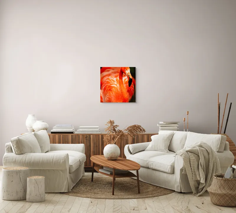 Tablou Canvas, "Grandoarea flamingoului în culori vii", Pene, Portocaliu, Flamingo, Vibrant, Elegant, Grațios, Contrast, Fauna, Natură, Frumusețe, 50 x 50 cm – poza 7