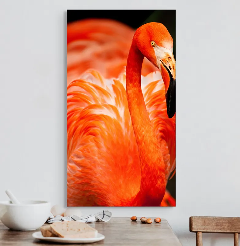 Tablou Canvas, "Grandoarea flamingoului în culori vii", Pene, Portocaliu, Flamingo, Vibrant, Elegant, Grațios, Contrast, Fauna, Natură, Frumusețe, 50 x 90 cm – poza 3