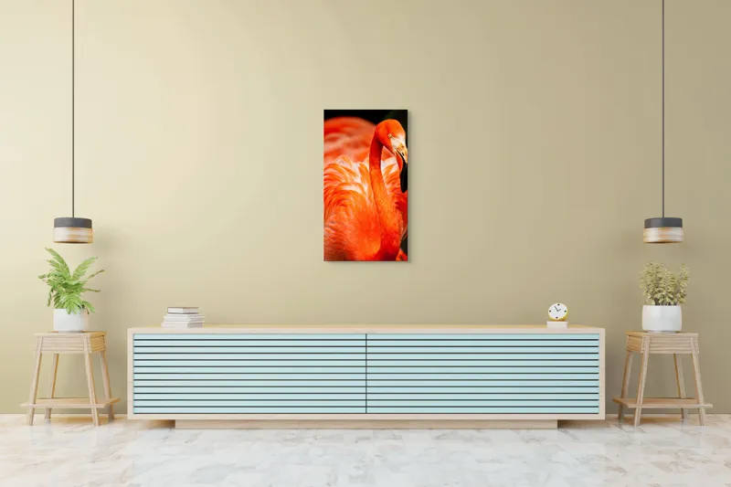Tablou Canvas, "Grandoarea flamingoului în culori vii", Pene, Portocaliu, Flamingo, Vibrant, Elegant, Grațios, Contrast, Fauna, Natură, Frumusețe, 50 x 90 cm – poza 6