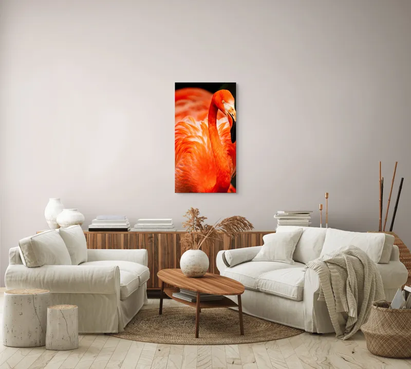 Tablou Canvas, "Grandoarea flamingoului în culori vii", Pene, Portocaliu, Flamingo, Vibrant, Elegant, Grațios, Contrast, Fauna, Natură, Frumusețe, 50 x 90 cm – poza 7