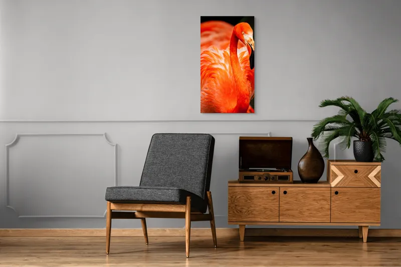 Tablou Canvas, "Grandoarea flamingoului în culori vii", Pene, Portocaliu, Flamingo, Vibrant, Elegant, Grațios, Contrast, Fauna, Natură, Frumusețe, 50 x 90 cm – poza 8
