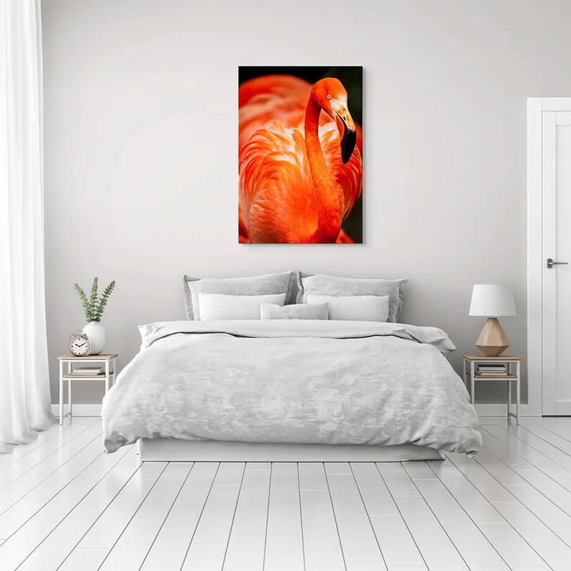 Tablou Canvas, "Grandoarea flamingoului în culori vii", Pene, Portocaliu, Flamingo, Vibrant, Elegant, Grațios, Contrast, Fauna, Natură, Frumusețe, 70 x 100 cm – poza 3