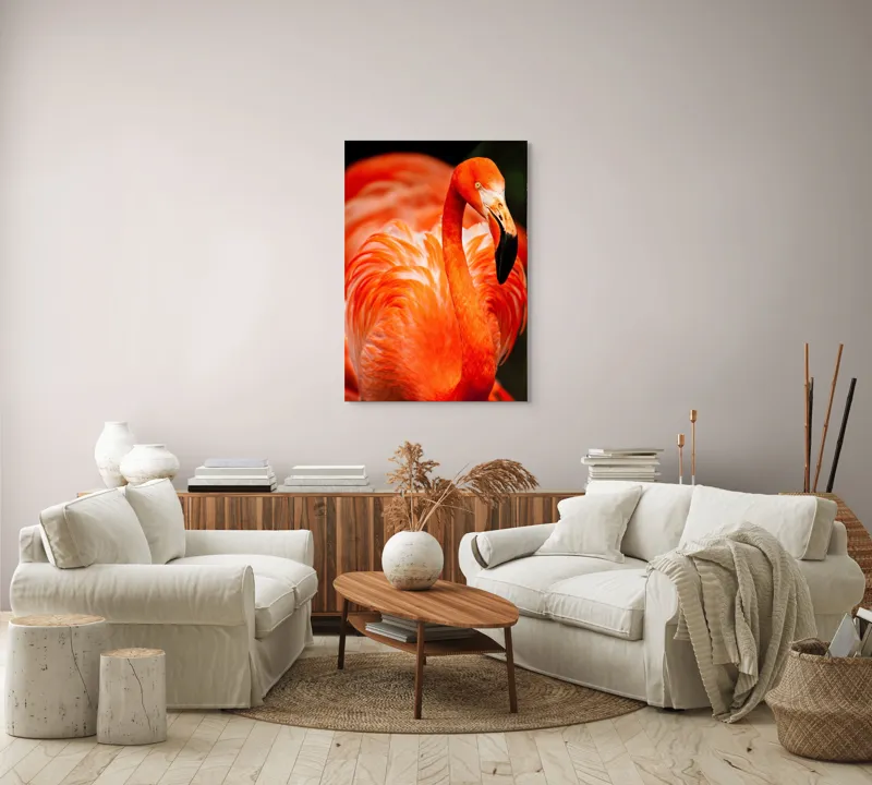 Tablou Canvas, "Grandoarea flamingoului în culori vii", Pene, Portocaliu, Flamingo, Vibrant, Elegant, Grațios, Contrast, Fauna, Natură, Frumusețe, 70 x 100 cm – poza 4