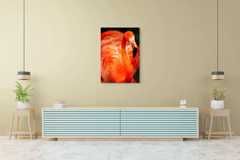 Tablou Canvas, "Grandoarea flamingoului în culori vii", Pene, Portocaliu, Flamingo, Vibrant, Elegant, Grațios, Contrast, Fauna, Natură, Frumusețe, 70 x 100 cm – poza 5
