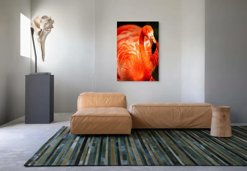 Tablou Canvas, "Grandoarea flamingoului în culori vii", Pene, Portocaliu, Flamingo, Vibrant, Elegant, Grațios, Contrast, Fauna, Natură, Frumusețe, 70 x 100 cm – poza 7