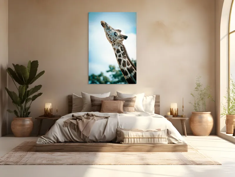 Tablou Canvas, "Girafă admirând cerul albastru", Gingășie, Eleganță, Înălțime, Majestuos, Serenitate, Natură, Cer, Pătățat, 100 x 150 cm – poza 3