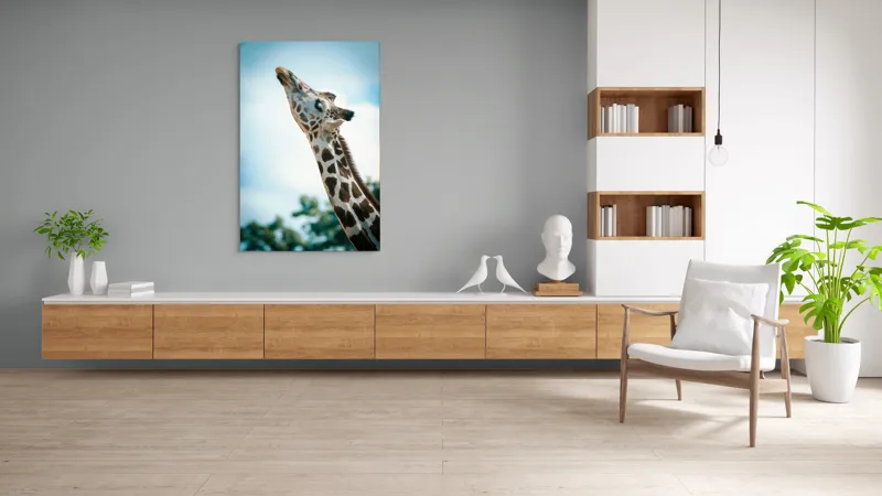 Tablou Canvas, "Girafă admirând cerul albastru", Gingășie, Eleganță, Înălțime, Majestuos, Serenitate, Natură, Cer, Pătățat, 100 x 150 cm – poza 8