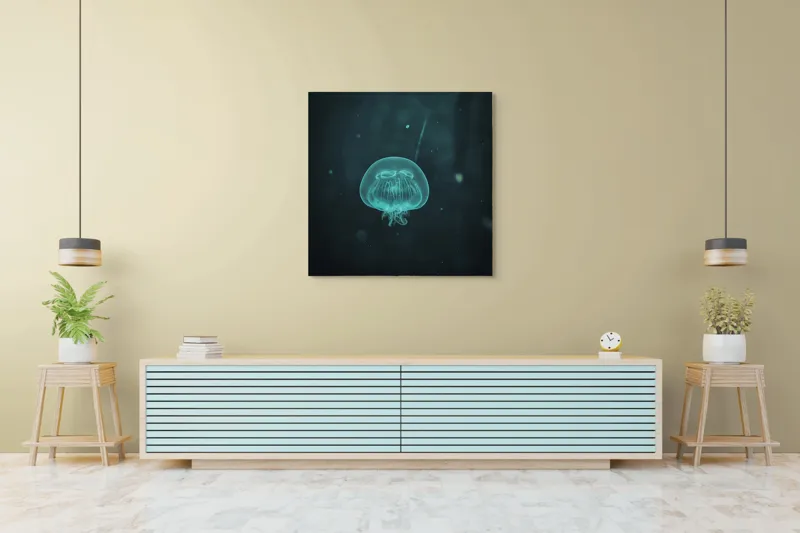 Tablou Canvas, "Meduză plutind în ocean întunecat", Mister, Luminiscență, Profunzime, Delicatețe, Fluiditate, Misterios, Etereal, Subacvatic, Calm, Frumusețe, Transparență, Singurătate, 100 x 100 cm – poza 5