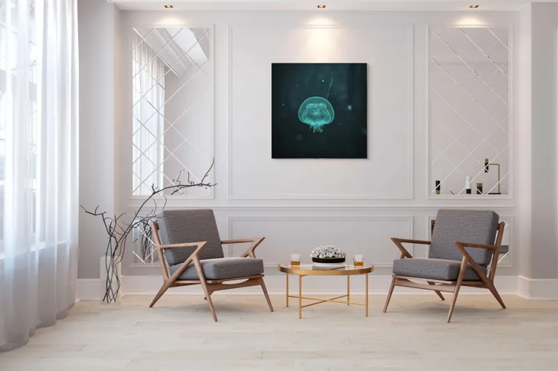 Tablou Canvas, "Meduză plutind în ocean întunecat", Mister, Luminiscență, Profunzime, Delicatețe, Fluiditate, Misterios, Etereal, Subacvatic, Calm, Frumusețe, Transparență, Singurătate, 100 x 100 cm – poza 7