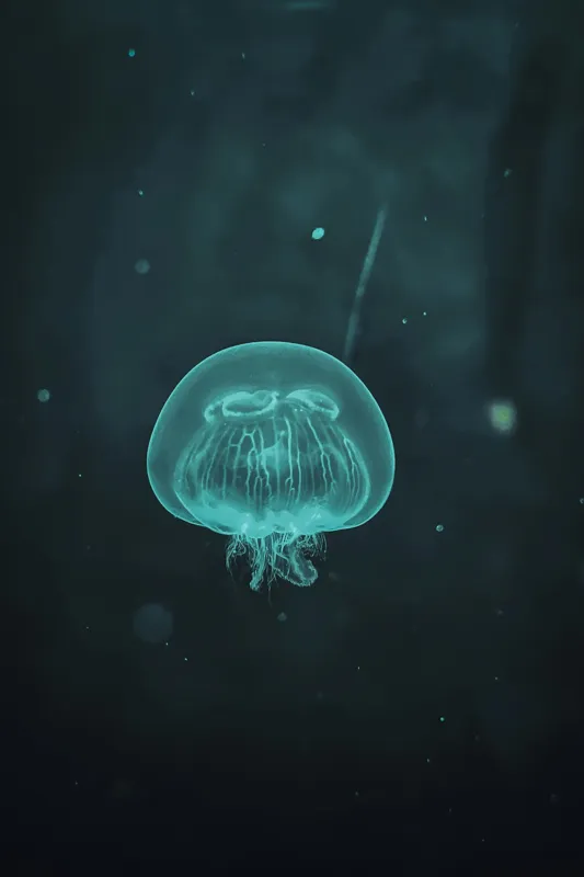 Tablou Canvas, "Meduză plutind în ocean întunecat", Mister, Luminiscență, Profunzime, Delicatețe, Fluiditate, Misterios, Etereal, Subacvatic, Calm, Frumusețe, Transparență, Singurătate, 100 x 150 cm – poza 2