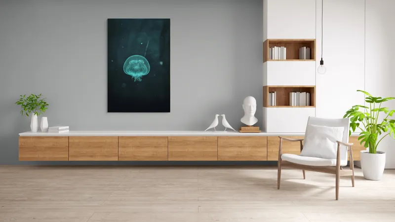 Tablou Canvas, "Meduză plutind în ocean întunecat", Mister, Luminiscență, Profunzime, Delicatețe, Fluiditate, Misterios, Etereal, Subacvatic, Calm, Frumusețe, Transparență, Singurătate, 100 x 150 cm – poza 8