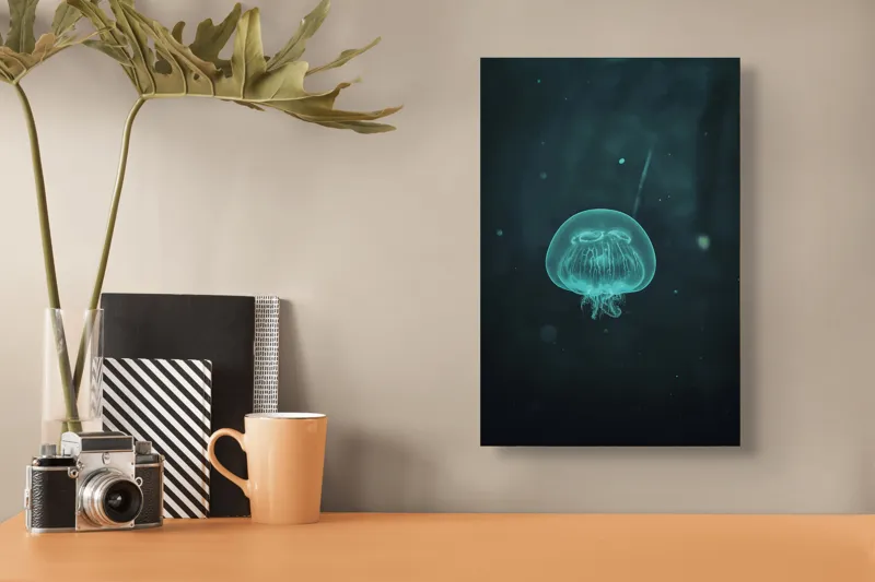 Tablou Canvas, "Meduză plutind în ocean întunecat", Mister, Luminiscență, Profunzime, Delicatețe, Fluiditate, Misterios, Etereal, Subacvatic, Calm, Frumusețe, Transparență, Singurătate, 26 x 39 cm – poza 3