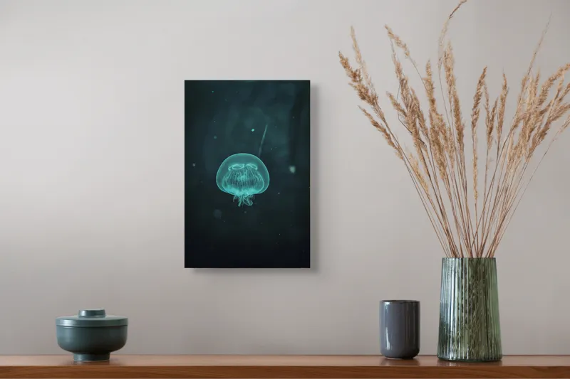 Tablou Canvas, "Meduză plutind în ocean întunecat", Mister, Luminiscență, Profunzime, Delicatețe, Fluiditate, Misterios, Etereal, Subacvatic, Calm, Frumusețe, Transparență, Singurătate, 26 x 39 cm – poza 5