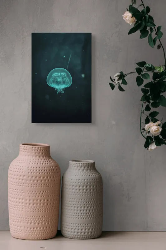 Tablou Canvas, "Meduză plutind în ocean întunecat", Mister, Luminiscență, Profunzime, Delicatețe, Fluiditate, Misterios, Etereal, Subacvatic, Calm, Frumusețe, Transparență, Singurătate, 26 x 39 cm – poza 6